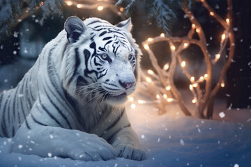White tiger in the snow with festive lights in the winter forest