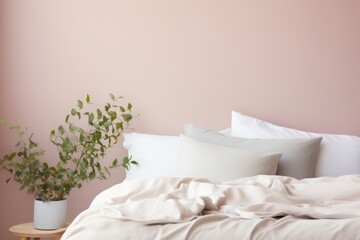 A bed with pillows and a plant in a vase. Generative AI.