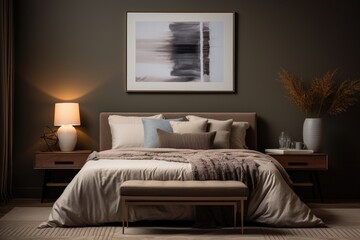 A bedroom with a large bed and a painting on the wall. Generative AI.