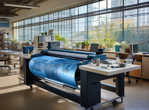 Office printing design blueprints, Professional large format plotter at an engineering.