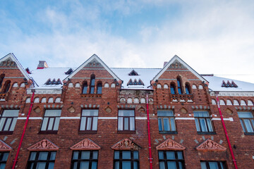 Facade view of red brick Bank of Finland building at Market Square, Vyborg, Russia. High quality photo