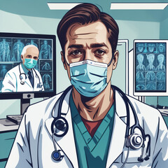 Lekarz na ostrym dyżurze w szpitalu. Czeka na pacjentów z wirusem covid-19. - obrazy, fototapety, plakaty