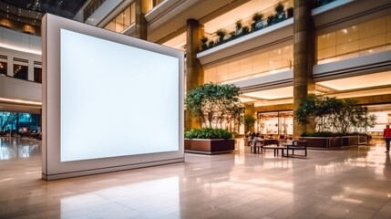 Big advertisement frame billboard space as empty blank white mockup signboard in shopping center mall or business center.