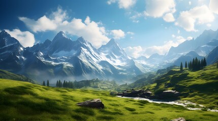 Panoramic view of the alpine meadow and high mountains