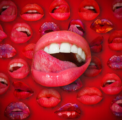 Sexy tongue and lips. Sexy tongue licking sensual lips. Lips and mouth. Female lip in red background. Woman lips.