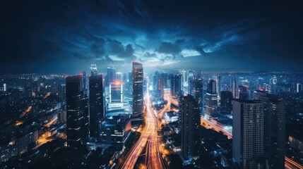 Top view of a modern night city. AI generated. - obrazy, fototapety, plakaty