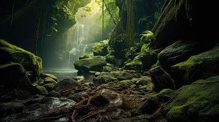 Beautiful shot of rainforest with a waterfall. AI generated.