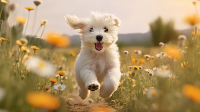 Furry small dog running through the field. AI generated.