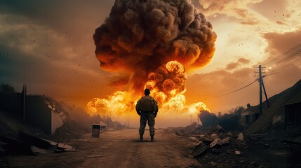 Modern soldier on explosion background. AI generated.
