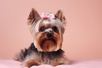 Portrait of Yorkshire Terrier with pink bow on her head on a pink backdrop, studio shot with copy space