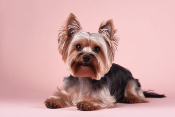 Portrait of Yorkshire Terrier on a pink backdrop, studio shot with copy space