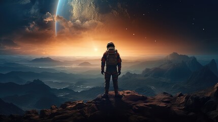 Space explorer on an alien planet. AI generated. - obrazy, fototapety, plakaty