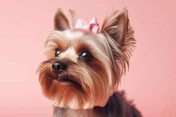 Portrait of Yorkshire Terrier with pink bow on her head on a pink backdrop, studio shot with copy space