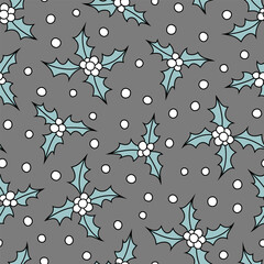Vector seamless pattern with holly. Cute Christmas design for wrapping paper, textile, wallpaper and backgrounds.