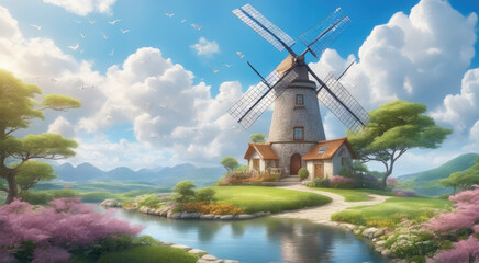 Renewable Energy Amidst Lush Green Landscape and Flowering Plants