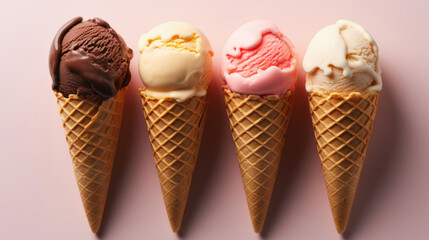 Ice cream in cones isolated on pink background, Assortment of assorted ice creams.