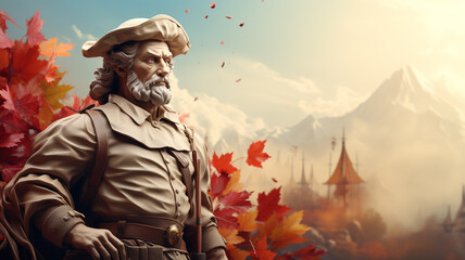 Happy Columbus day. a celebration in honor of the anniversary of the discovery of America by Christopher Columbus. United States flag, ship, pirates, ocean