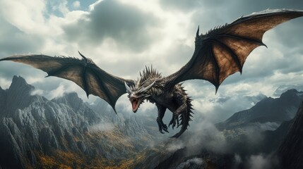 An amazing big dragon flies over the mountains. AI generated. - obrazy, fototapety, plakaty