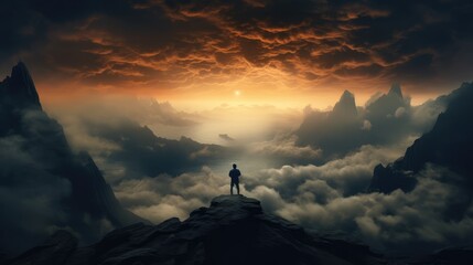 A person standing on top of the mountain above clouds. AI generated.
