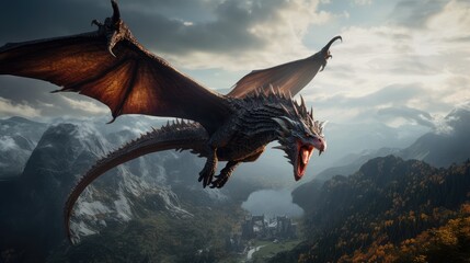 Big angry dragon on mountains background. AI generated. - obrazy, fototapety, plakaty