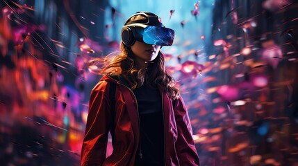 Girl wearing virtual reality glasses in cyberspace. AI generated.