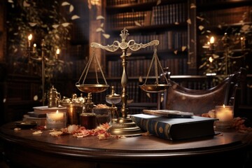 Law and order, the hammer of the judge and the scales of justice, guilt and innocence judicial system, Judge Advocate Jury Room law and legislation , crime and conscription .