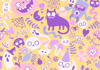 Fototapeta premium Cartoon Halloween monsters seamless cat and pumpkins and skulls and ghost and mushrooms pattern