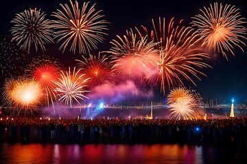 Fototapeta na wymiar fireworks over the river Generated Ai