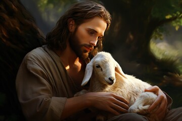 Savior's Unwavering Love: Jesus Christ Nurturing and Protecting a Stray Lamb with Divine Care
