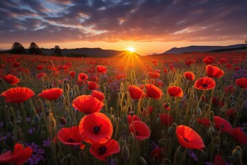 A Symphony of Sunset and Poppies: Immersed in the Serenity of a Field at Dusk
