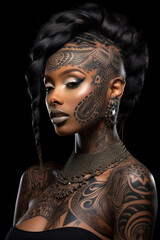 Tattoo on a woman's body, skin. Tattoo on a woman's body, skin. Tatu as a separate art form, unique design, authentic contours, bold look, confident character, free Makeup, artistic drawing