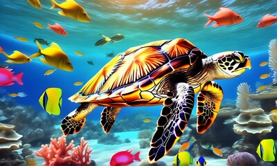 Fototapeta na wymiar Bunte Schildkröte mit bunten Fischen unter Wasser
