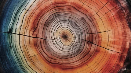 Foto op Plexiglas Colorful tree rings cross section showing annual age rings, background design © Gary