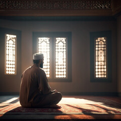 Muslim man sitting on prayer mat in mosque