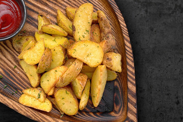 Homemade fried potatoes with ketchup on a wooden board, close-up