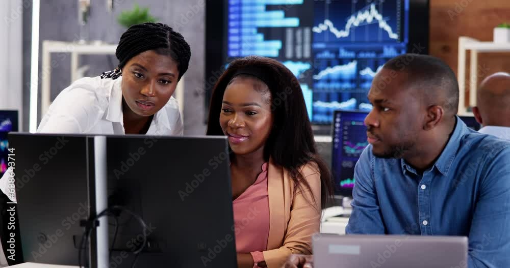 Poster african financial data analysts using dashboard on screens
