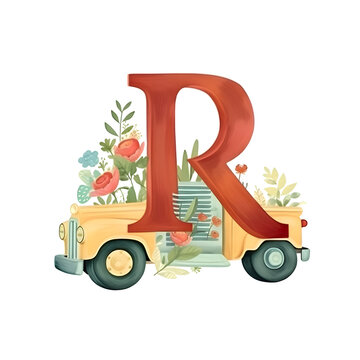 Alphabet letter R with truck and flowers. Watercolor illustration.