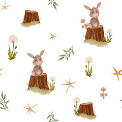 Nursery animals seamless pattern. Natural texture with dandelions, cartoon rabbits, plants, stars. 