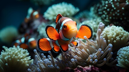 Clown anemonefish (Amphiprion ocellaris). Colorful tropical fish swimming in a reef aquarium. Underwater world.	 - obrazy, fototapety, plakaty