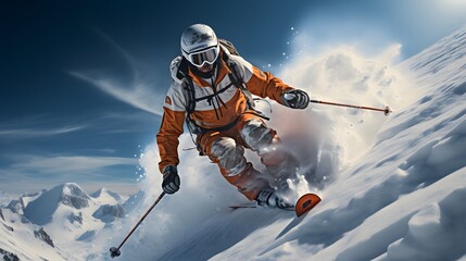 Skier skiing downhill during sunny day fresh snow freeride. Extreme High speed, frosty dust scatters	
