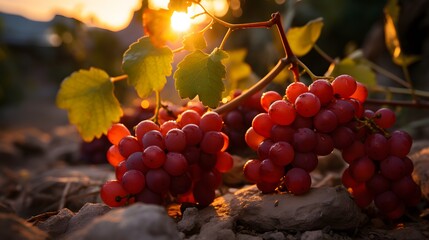 Ripe red grapes on vineyards in autumn harvest at sunset. Tuscany, Italy	