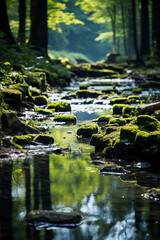 Fototapeta premium A rock covered with moss in the foreground. AI generative