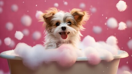 Dog bath, generative ai image of cute puppy with soap foam and bubbles.