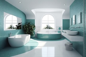 Blue bathroom interior, generative ai image of modern and minimalistic luxury bathroom.