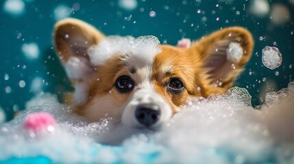Dog bath, generative ai image of cute puppy with soap foam and bubbles.
