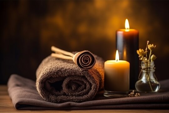 Spa candles and towels next to hot stones, generative ai.