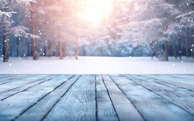 Winter background with snowy forest and blank wooden plank, generative ai.