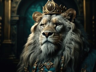 Lion king, crowned lion on throne, boss of beasts