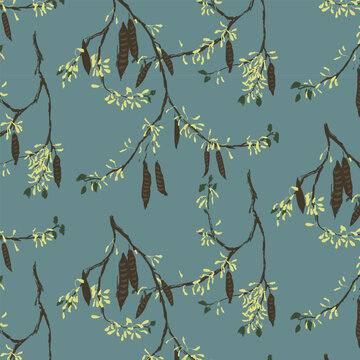 Seamless artistic pattern of yellow acacia blossom on teal backdrop
