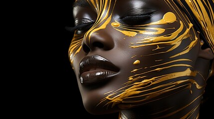 Portrait of beautiful african woman colored painted golden colors on face, close up, generative ai